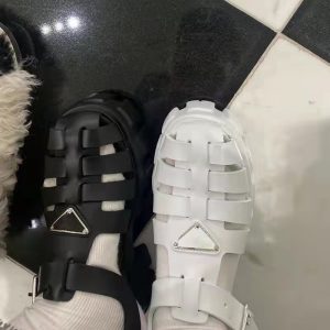 Replica Designer Prada Thick Bottom One Word Buckle Round Head Hollow Sandals