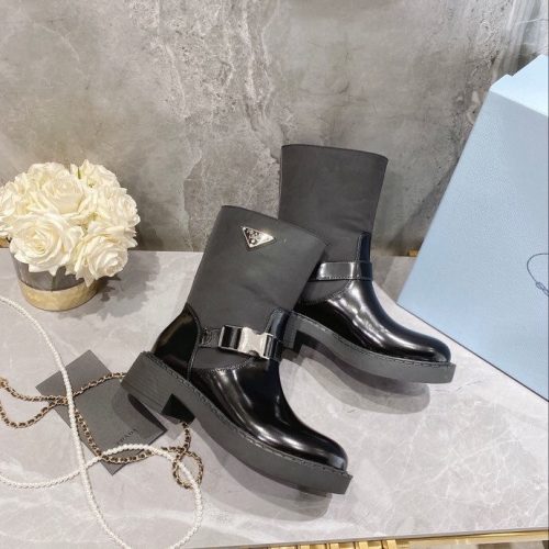 Replica Designer Prada Women Black Thick Heel Thick Bottom Round Head One Pedal Cavalier Boots