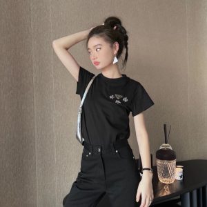 Replica Designer Prada Women Crew Neck Casual Five-Pointed Star Beaded Short-Sleeved T-Shirt