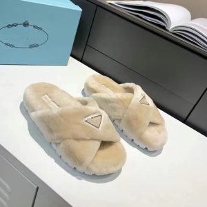 Replica Designer Prada Women Cross Flat Bottom Fur Slippers