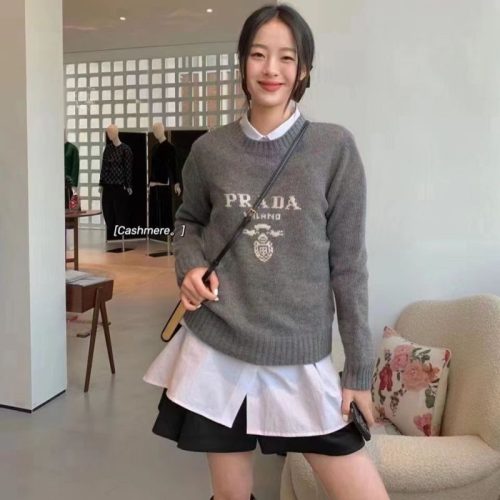 Replica Designer Prada Women Embroidered Letter Knitted Round Neck Pullover Sweater
