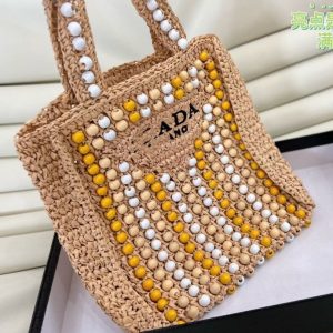 Replica Designer Prada Women Grass Woven Wooden Beads Portable Beach Bags