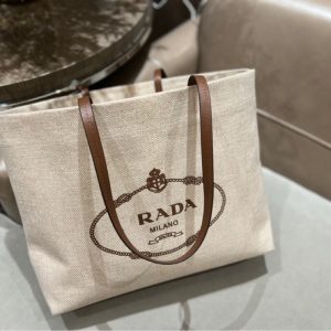 Replica Designer Prada Women Large Capacity Tote Light Fashion Milk Coffee Canvas Shopping Bag