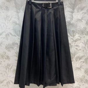 Replica Designer Prada Women Leather Belt Decorated Classic Pleated Skirt