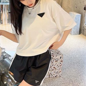 Replica Designer Prada Women Off-Shoulder Short T-Shirt Contrast Color Nylon Shorts Suit