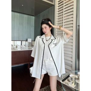 Replica Designer Prada Women Printed Letter Summer Loose Shirt