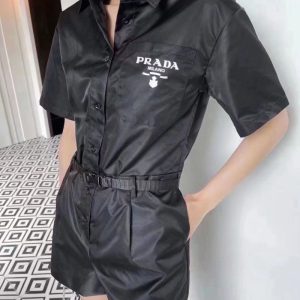 Replica Designer Prada Women Retro Letters Pattern Black Belt Jumpsuit Shorts