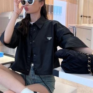 Replica Designer Prada Women Rope Parachute Fabric Shirt Mid-Sleeve Loose Top
