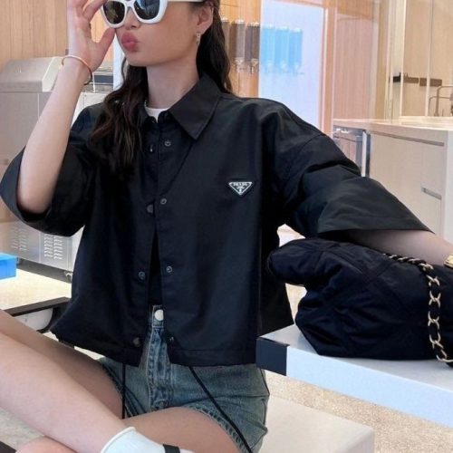 Replica Designer Prada Women Rope Parachute Fabric Shirt Mid-Sleeve Loose Top