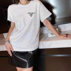 Replica Designer Prada Women Sequined Letter Printing Solid Color T-Shirts