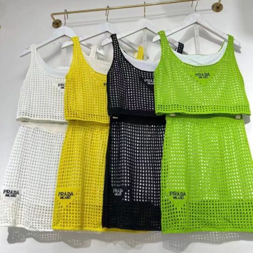 Replica Designer Prada Women Sexy Mesh Hollow Knitted Camisole Short Skirt Suit
