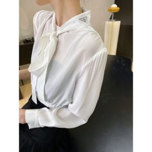 Replica Designer Prada Women Simple Bow Tie Design Solid Color Shirt