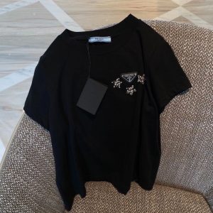 Replica Designer Prada Women Simple Five-Pointed Star Beaded Short-Sleeved Casual T-Shirt