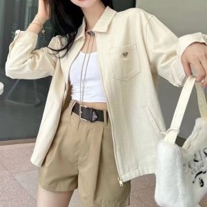 Replica Designer Prada Women Solid Color Long Sleeve Denim Shirts Casual Shorts Sets