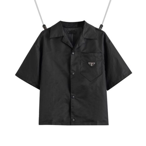 Replica Designer Prada Women Solid Color Nylon Casual Short-Sleeved Shirt