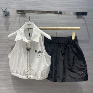 Replica Designer Prada Women Solid Color Short Sleeveless Shirt Elastic High Waist Shorts