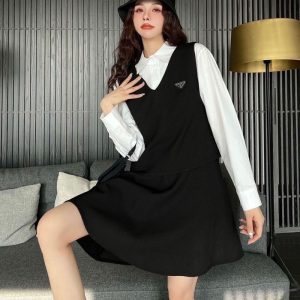 Replica Designer Prada Women Solid Color V-Neck Ruffle Dress
