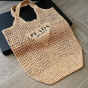 Replica Designer Prada Women Solid Color Woven Hollow Bag