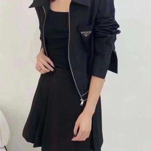 Replica Designer Prada Women Solid Color Zipper Simple Shirt