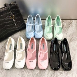Replica Designer Prada Women Square Toe Single Shoes Thick Heel One Word Buckle High Heels