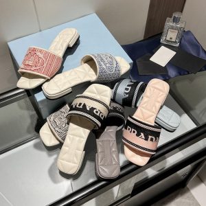 Replica Designer Prada Women Summer Letter Embroidery Pattern Flat Slippers