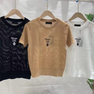 Replica Designer Prada Women Summer Loose Hollow Breathable Sequin Half-Sleeve Top