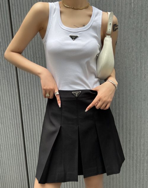 Replica Designer Prada Women Summer Solid Color Sweet Style Pleated Skirt