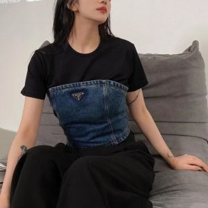 Replica Designer Prada Women Temperament Off-Shoulder Denim Top