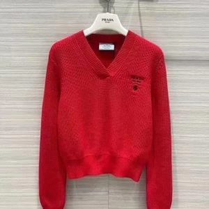 Replica Designer Prada Women Temperament V-Neck Short Long-Sleeved Knitted Top