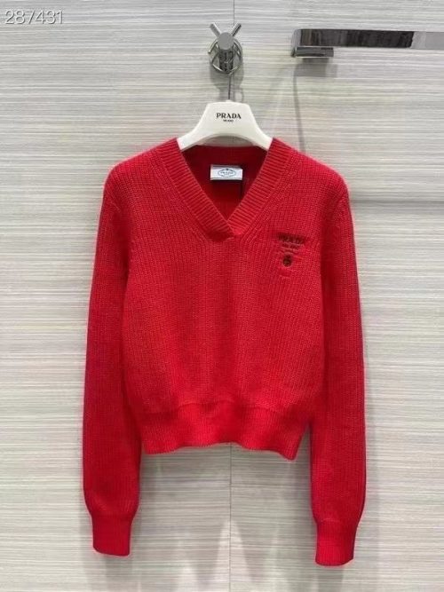 Replica Designer Prada Women Temperament V-Neck Short Long-Sleeved Knitted Top