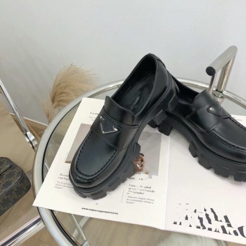 Replica Designer Prada Women Thick-Soled Round Toe Solid Color Casual Leather Shoes