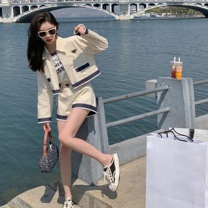 Replica Designer Prada Women White And Blue Stitching Short-Sleeved Shirt And Short Set
