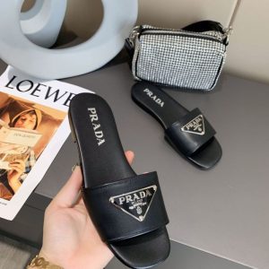 Replica Designer Prada Women White Square Toe Open Toe All-Match Flat Slippers