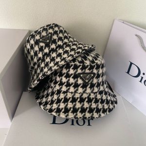 Replica Designer Prada Women'S Autumn And Winter Casual Flat Top Fisherman Hat Small Fresh Houndstooth Plaid Basin Hat