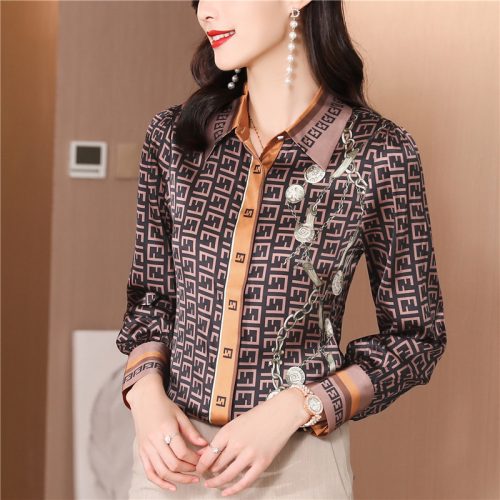 Replica Designer Replica Fendi Fashion Women Spring Satin Temperament Letter Print High-End Long Sleeve Blouse