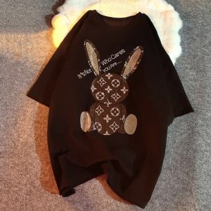 Replica Designer Replica LV Design Women Rhinestones Rabbit Loose Short Sleeve T-Shirt