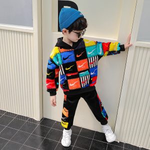 Replica Designer Replica Nike Design Kids Clothing Boy Gold Velvet Alphabet Hooded Two-Piece Set