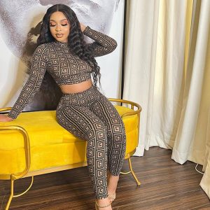 Replica Designer Replica Versace Design Street Fashion Women Crew Neck Full Print Long Sleeve Crop Top Skinny Pants Set