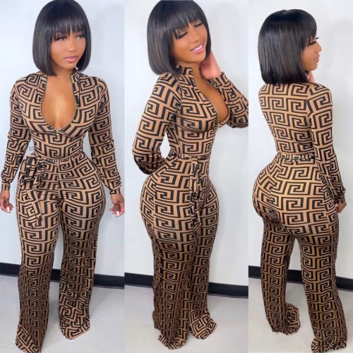 Replica Designer Replica Versace Design Women Sexy Deep V-Neck Zipper Long Sleeve Jumpsuit