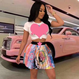 Replica Designer Replica Versace Design Women Summer Pleated Skirt Short Sleeve Tee Set