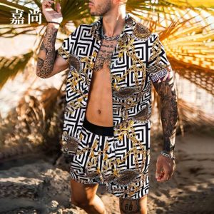 Replica Designer Versace Men Casual Printed Lapel Shirt And Shorts Set