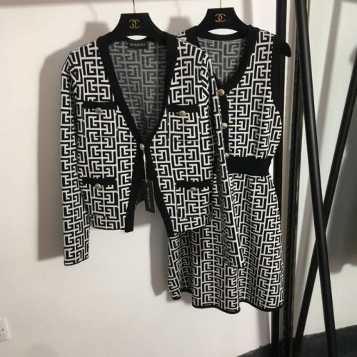 Replica Designer Versace Plaid Casual Knitted Top And Sleeveless Dress 2pcs Set