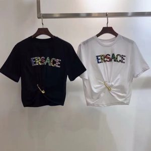 Replica Designer Versace Starfish Graffiti Print Metal Pin Cropped Women T-Shirt