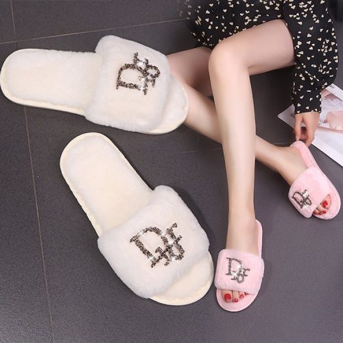 Replica Designer Women Fashion Rhinestone Decorative Plush Slippers
