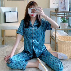 Replica Designer Women Short Sleeve Pants Imitation Silk Cardigan Pajamas Two Piece Set