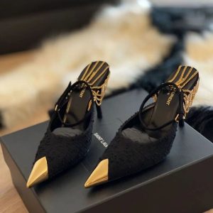 Replica Designer YSL Fashion Word Buckle Belt Chain Metal Pointed High Heels Sandals