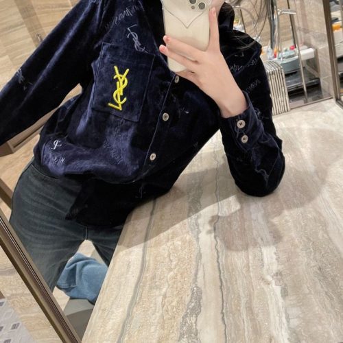 Replica Designer YSL Women Fashion Letter Embroidery Velvet Embossed Shirt