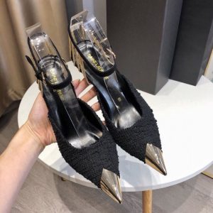 Replica Designer YSL Women Fashion Stiletto Sexy Color-Blocking Metal Chain One-Word Toe Sandals