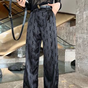 Replica Designer YSL Women Flocking Letters High-Waisted Wide-Leg Pants