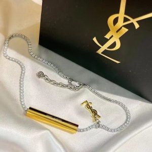 Replica Designer YSL Women Imitation Diamond Copper Metal Clavicle Chain Necklace